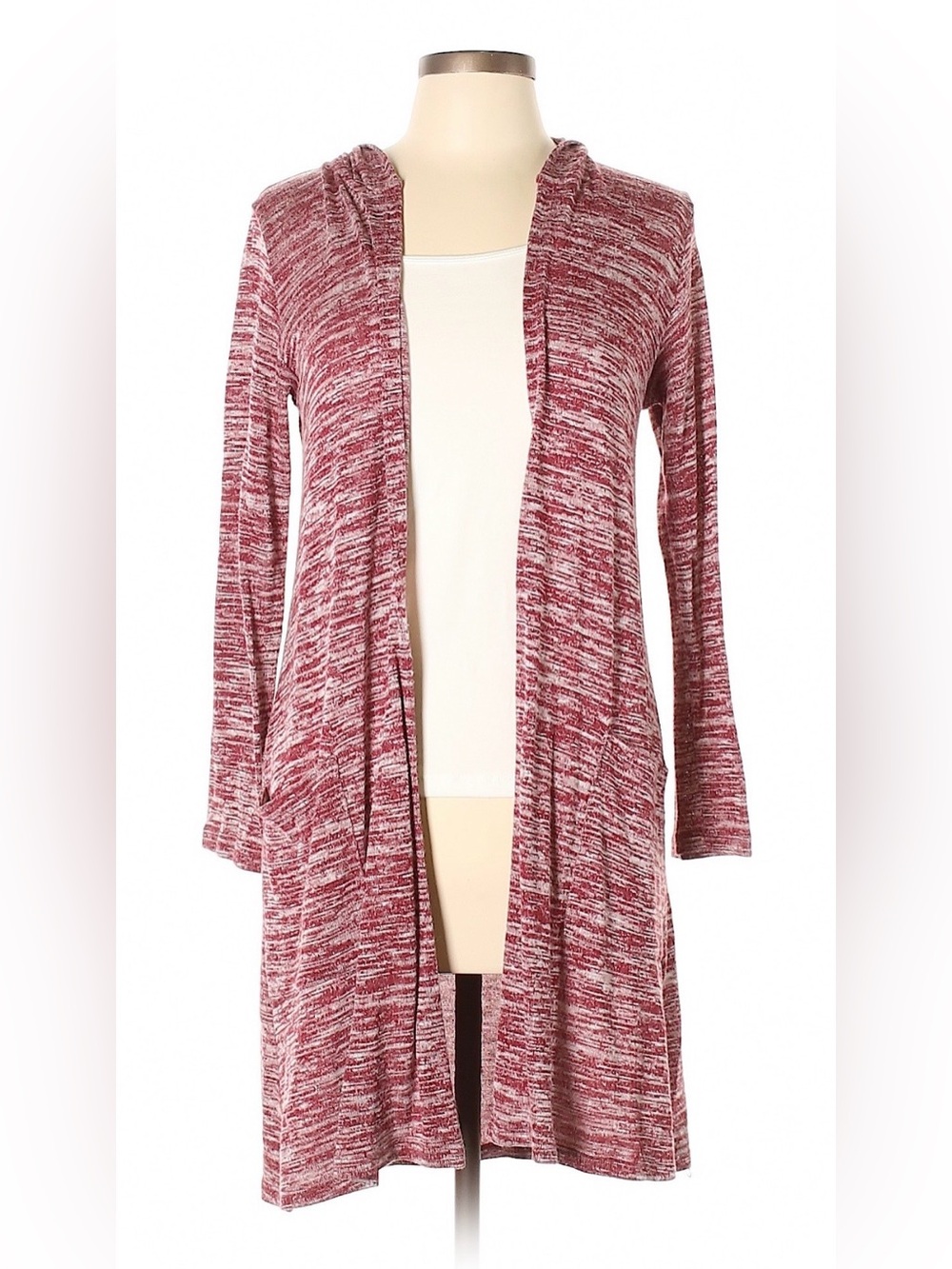bobeau Marled Hooded Open-Front Cardigan in Wine